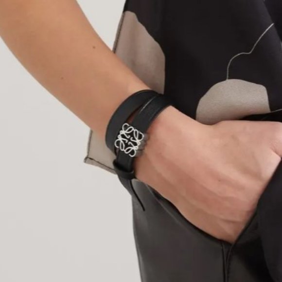 NEW $650 Loewe Leather Strap Double Wrap Anagram Bracelet Black Steel BNIB Auth - Picture 1 of 16